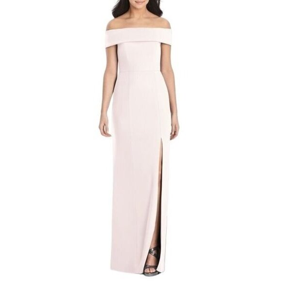 Dessy Collection Blush Off The Shoulder Side Slit Crepe 3030 NWT Size 8R - Picture 1 of 7